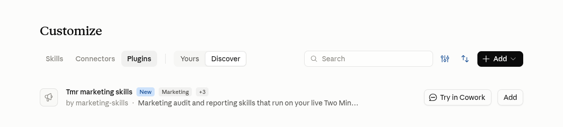 Tmr marketing skills under Discover in Claude's Customize › Plugins
