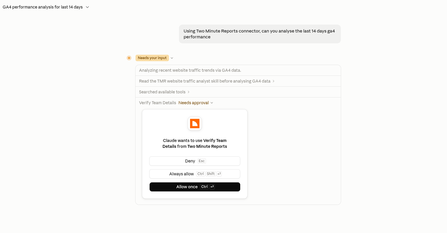 Claude asks for permission to use a Two Minute Reports tool