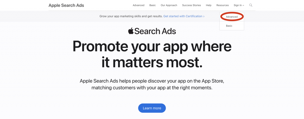 Apple Search Ads advanced sign-in