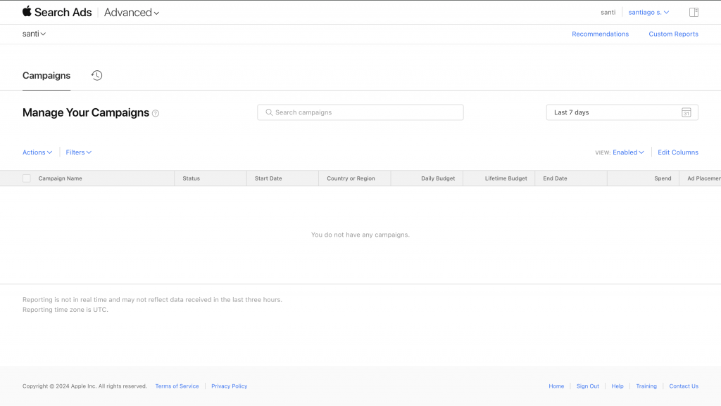 Apple Search Ads campaign dashboard