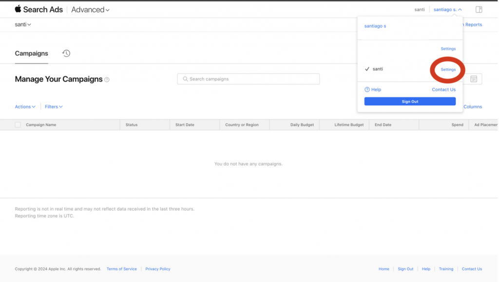 Apple Search Ads Settings page