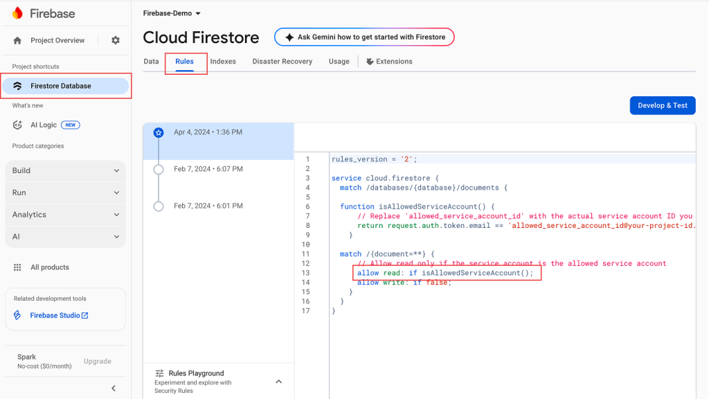 Firestore Rules tab