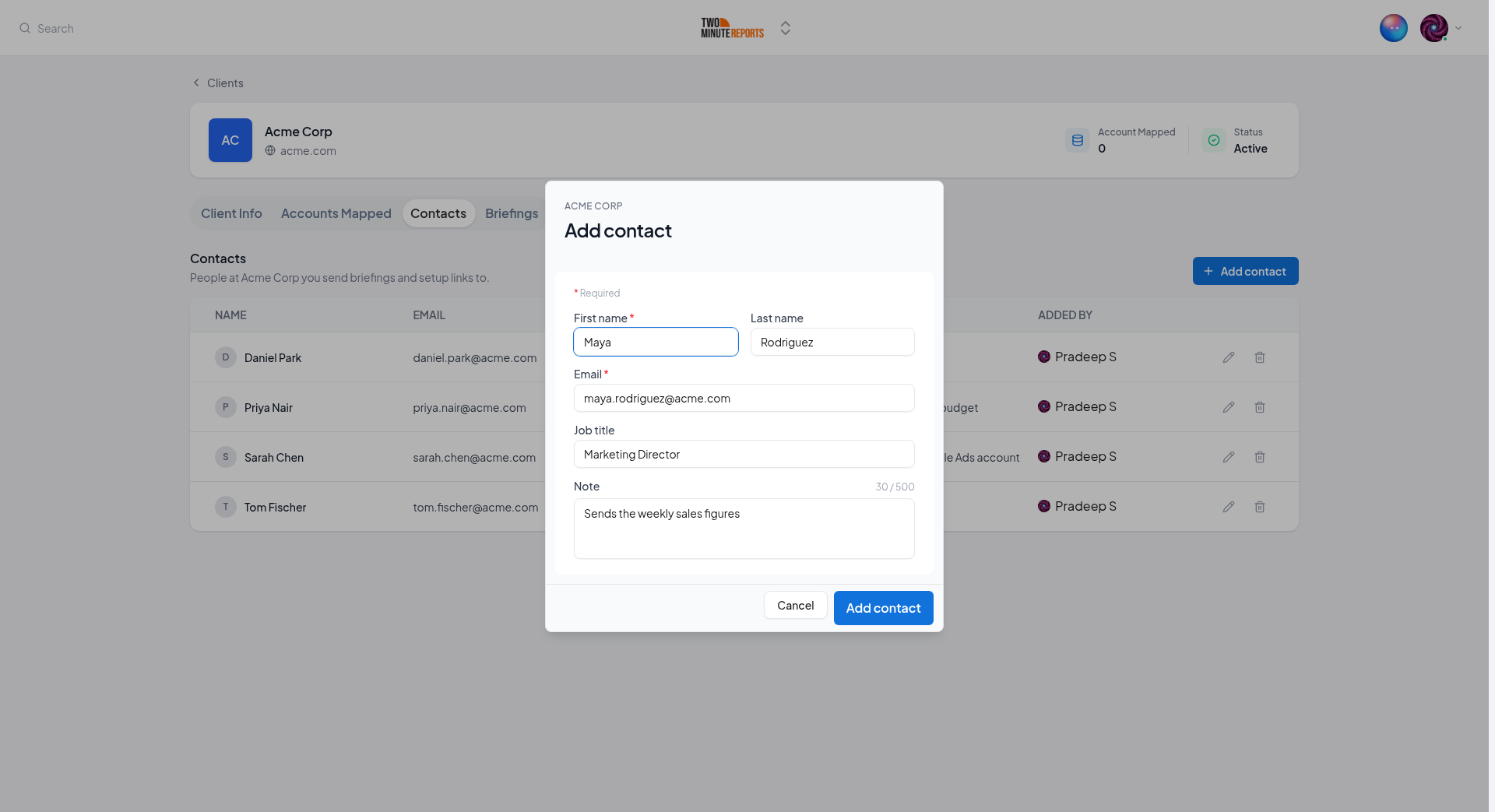 The Add contact dialog with the first name, last name, email, job title and note filled in