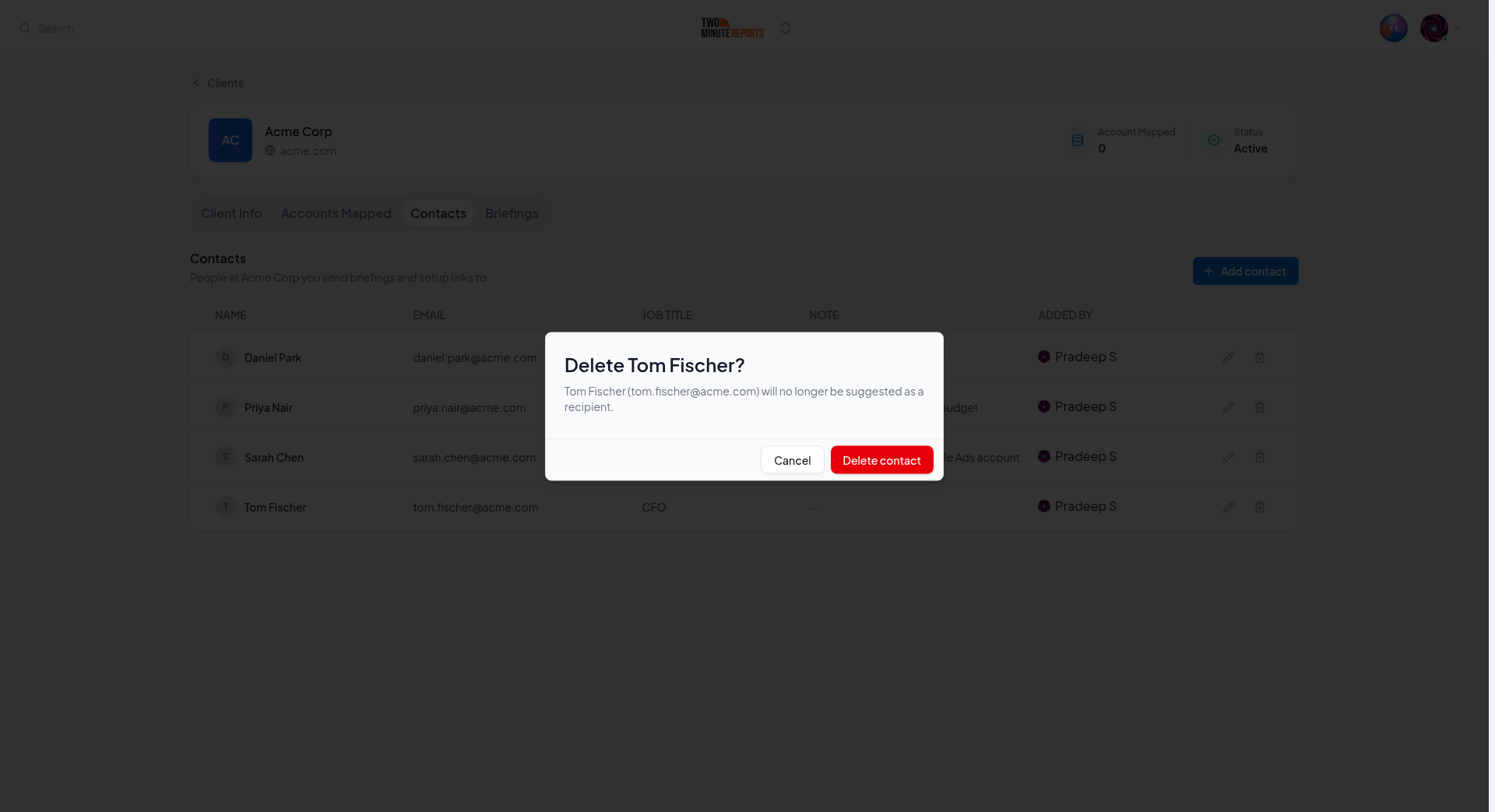 The Delete contact dialog for Tom Fischer