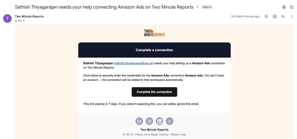 Setup link email sent by Two Minute Reports