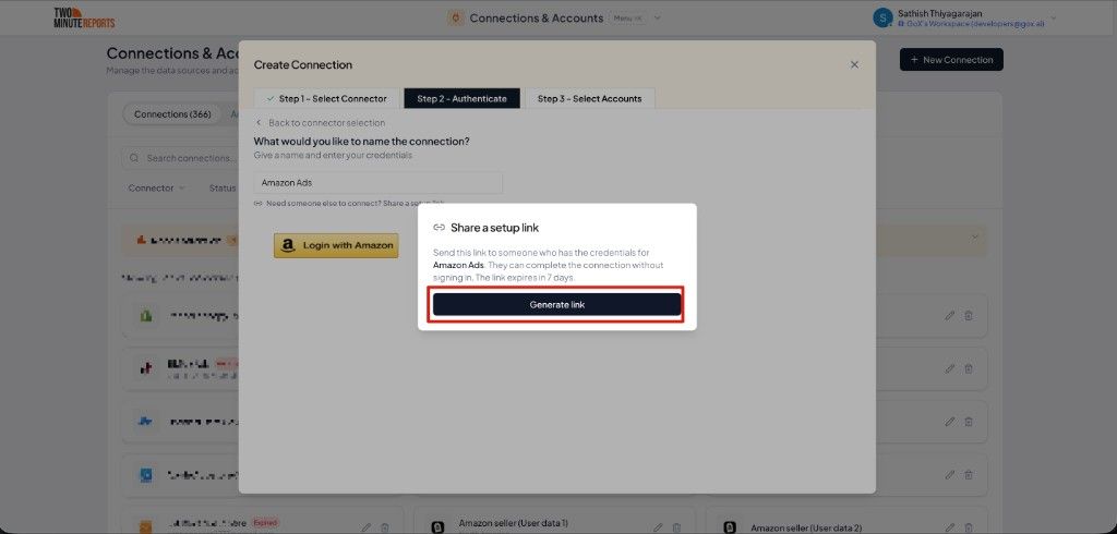 Share a setup link modal with Generate link button