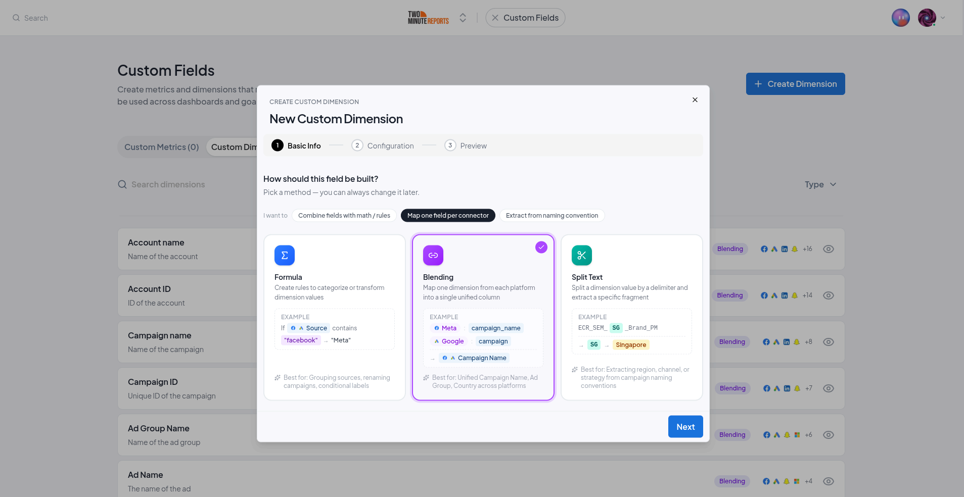 Custom Fields builder showing a formula for a custom metric with a live preview