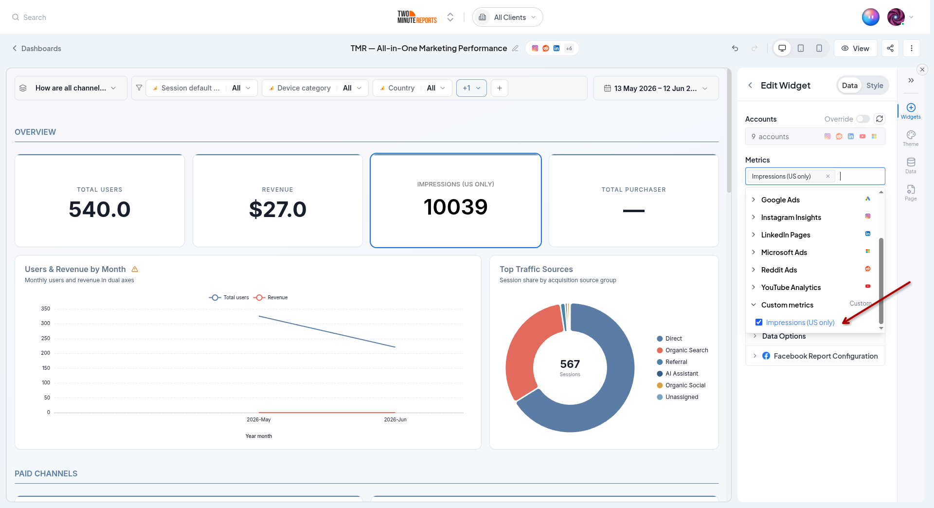 A custom field selected in a dashboard widget's field picker