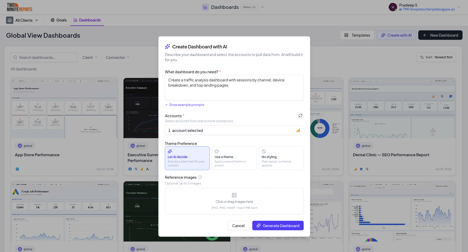 Create a dashboard with AI prompt
