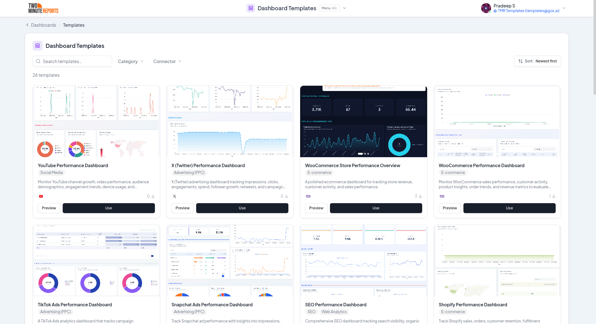 Dashboard template gallery showing available templates
