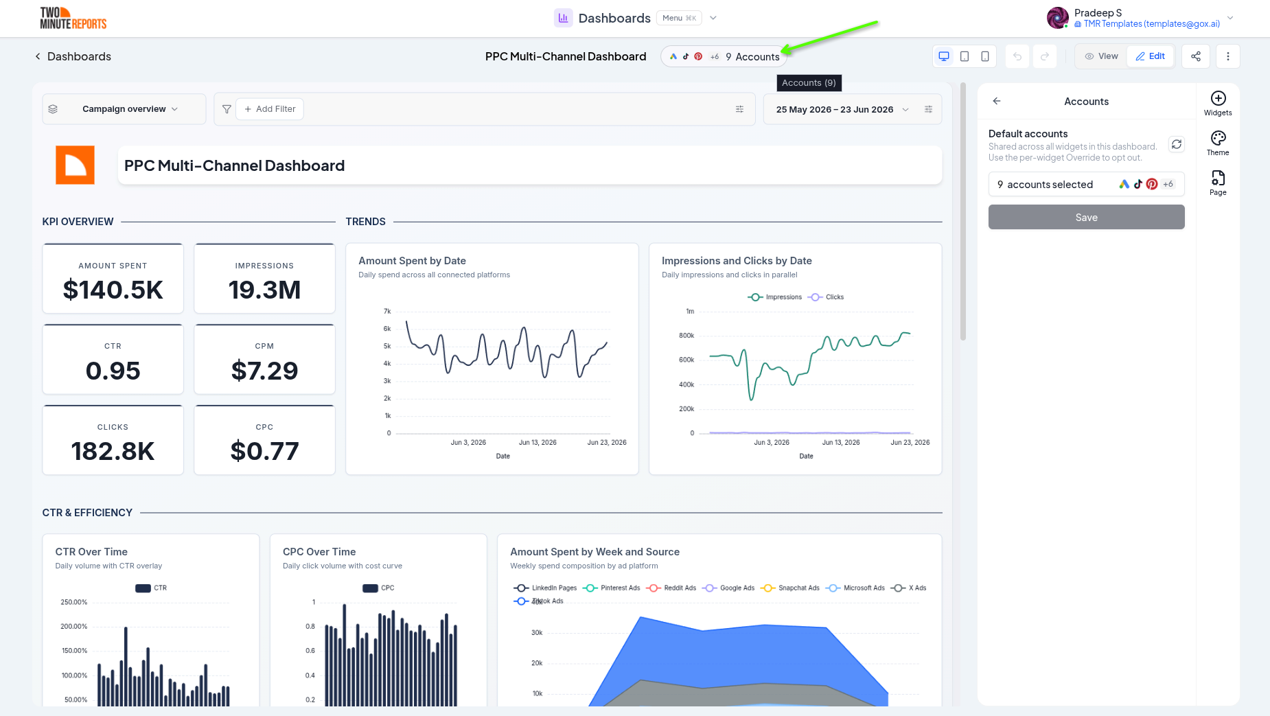 Account selector in the dashboard control bar