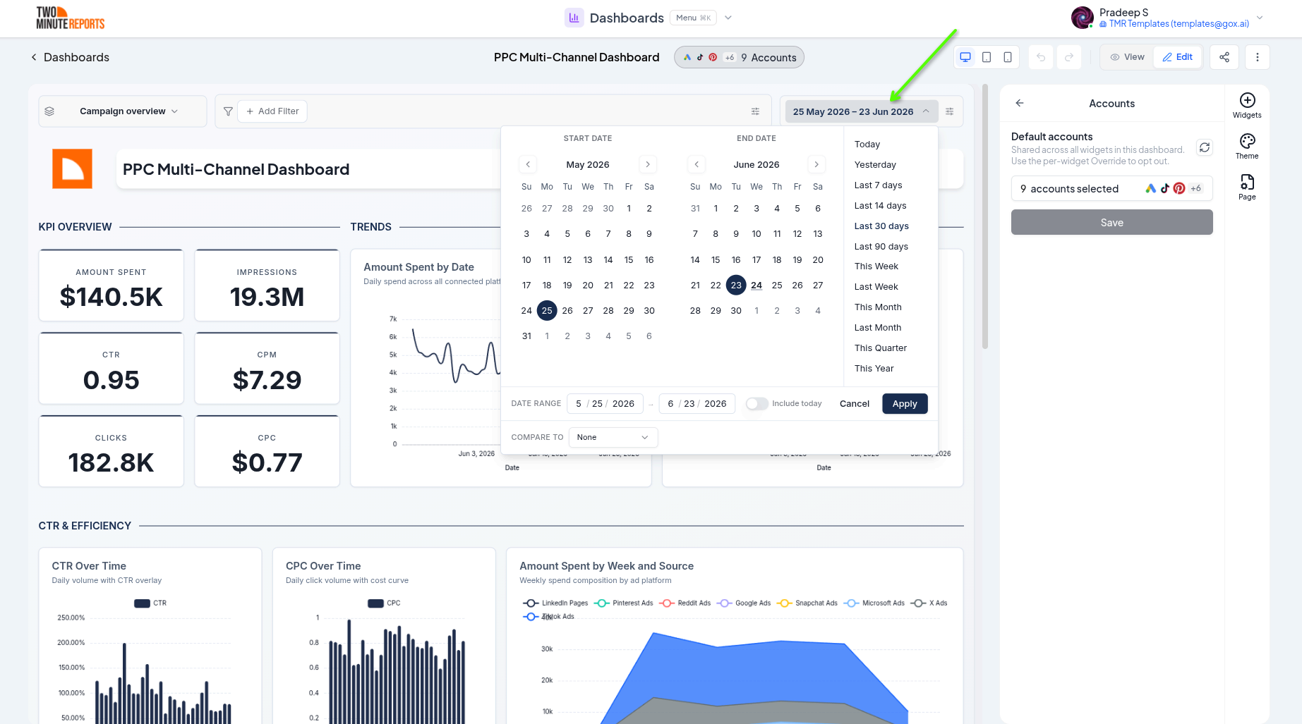 Date range picker with presets and compare options
