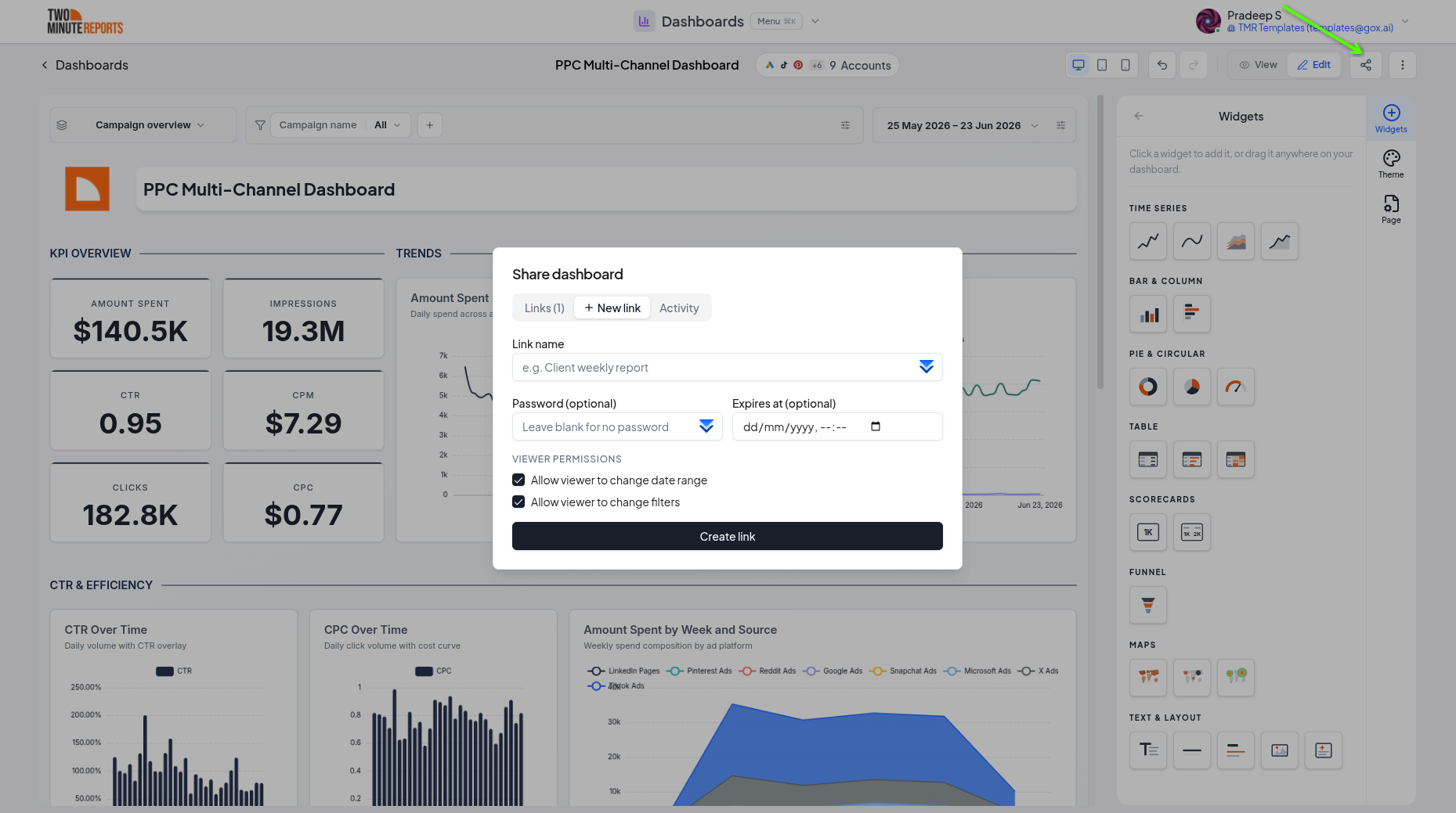 Dashboard share dialog with permission toggles