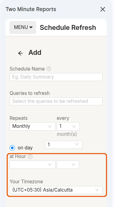 The Add schedule form for a Monthly repeat, showing the day, hour and timezone fields