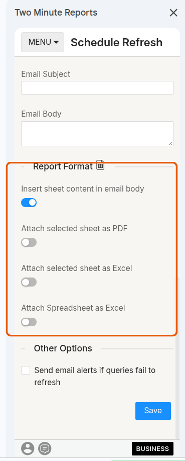 The Report Format toggles