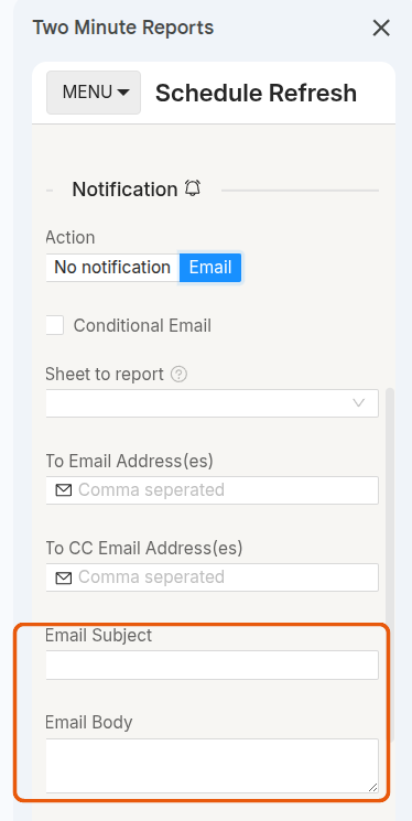 The Email Subject and Email Body fields